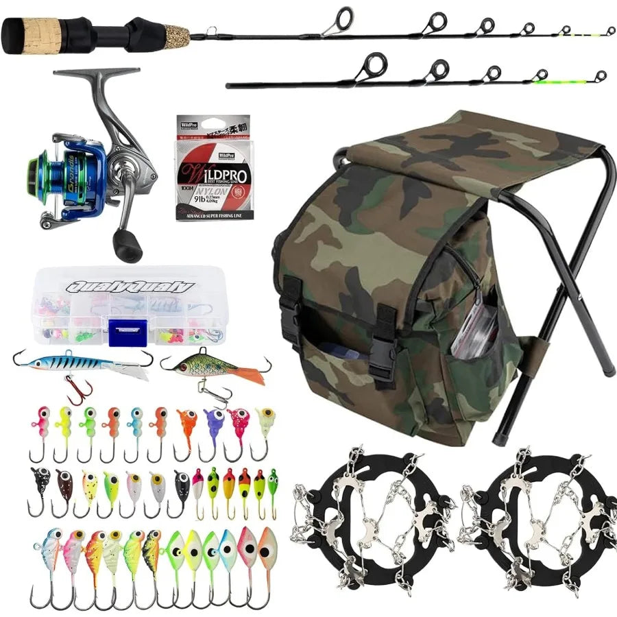 Complete Ice Fishing Gear Set with Backpack Seat Ice Cleats Jigs Line and Reel Combo for Winter Fishing in Cold Conditions Incl