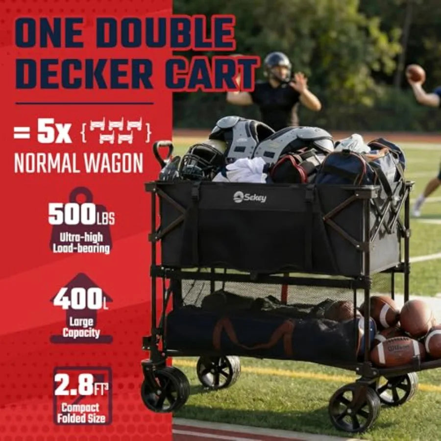 Heavy Duty Double Decker Wagon for Camping Sports, Steel Frame, Black, 500LBS Capacity, 400L Collapsible Garden Cart with Exten