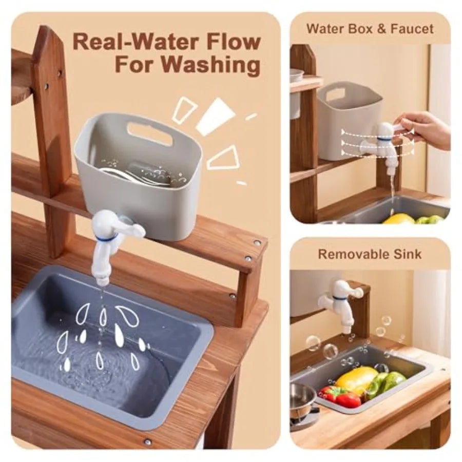 Mud Kitchen for Outdoor Wooden Outdoor Play Kitchen with Sink Faucet Stove and Cooking Accessories Fun Backyard Kitchen Playset