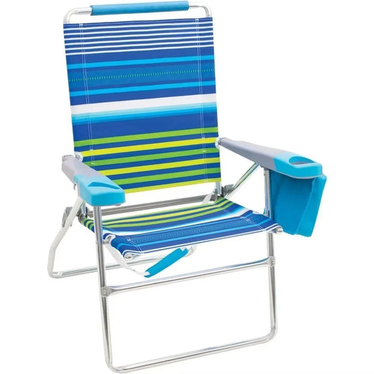 17" Extended Height 4-Position Folding Beach, Camping, Lawn Chair, Stripe, With handrail Equipped with cup holder Beach Chairs