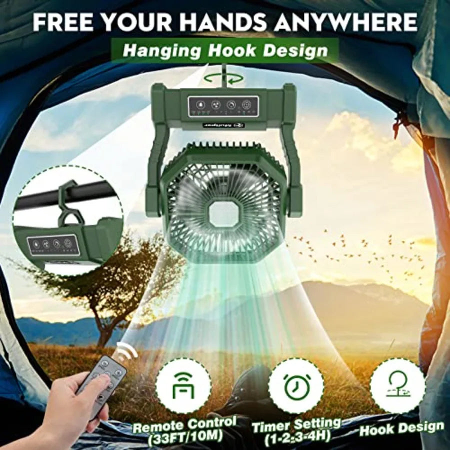 Portable Fan, Camping Fan with LED Lantern and Remote, 4 Speed and 4 Timing Rechargeable Fan for Tent Travel Camping Picnic Bea