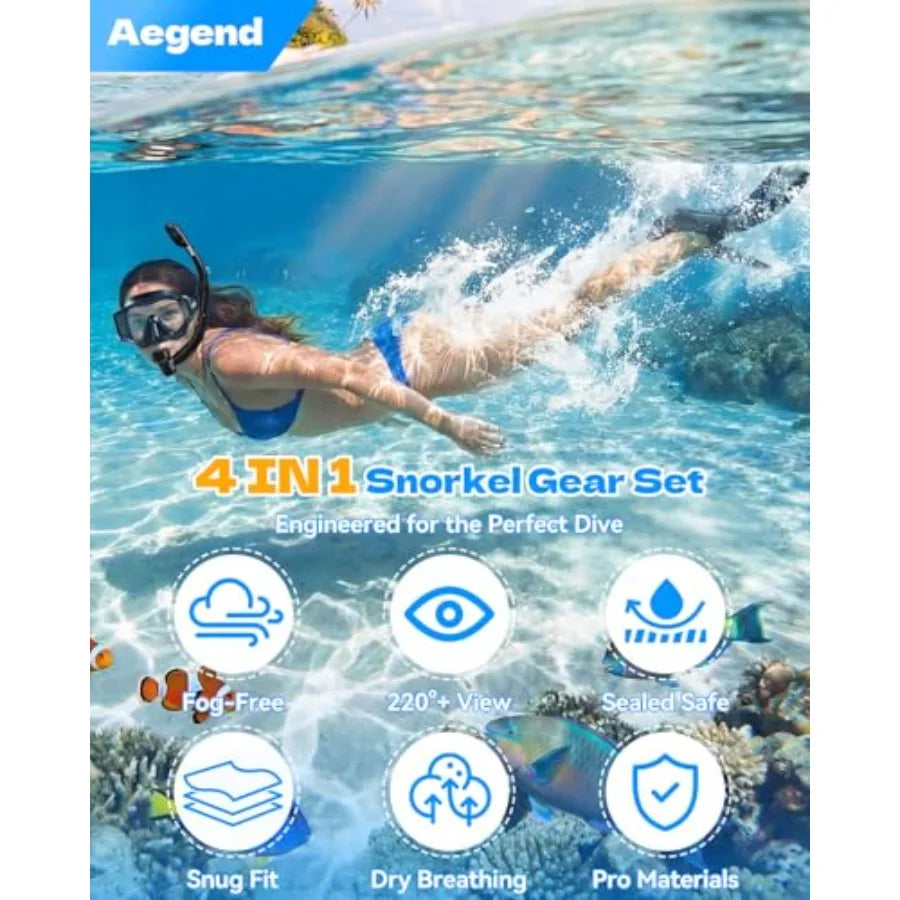 Snorkeling Gear for Adults Men Women: Anti-Fog Panoramic Mask Set, Adjustable Fins and Dry Top Snorkel All-in-One Travel Snorke