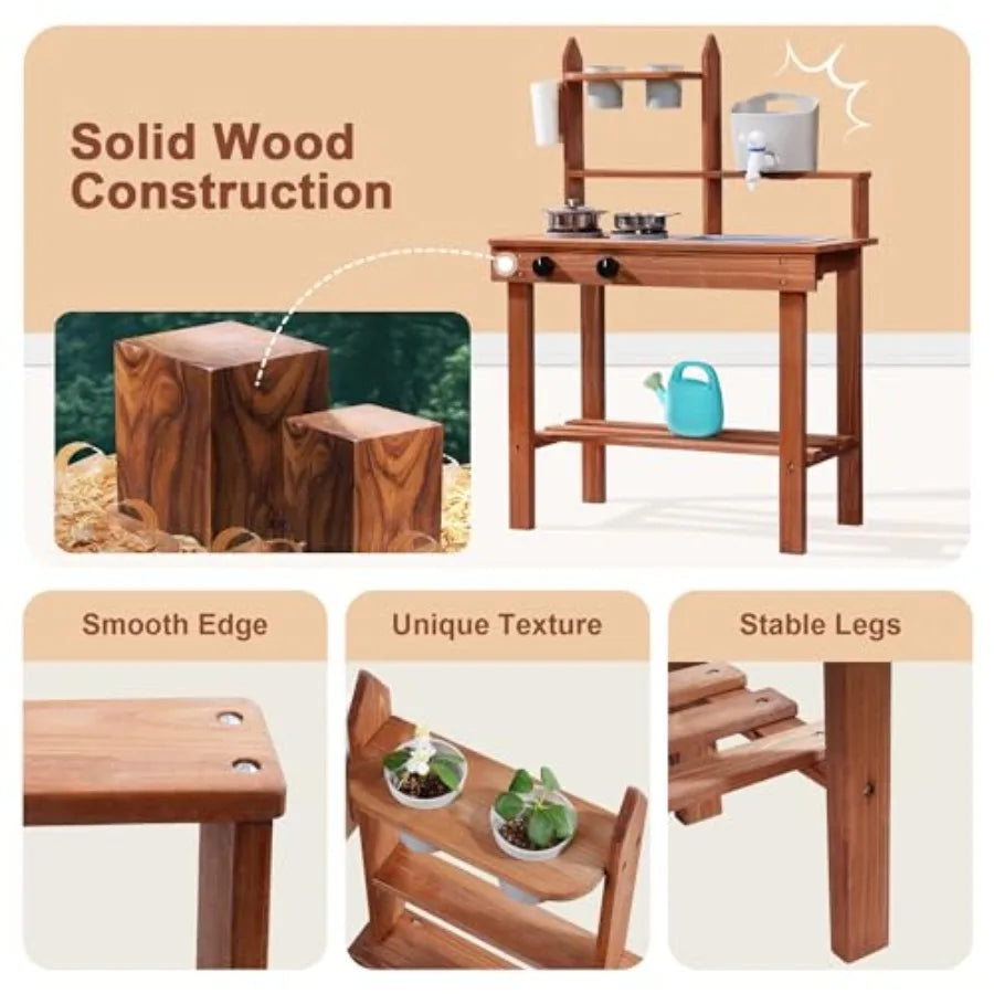 Mud Kitchen for Outdoor Wooden Outdoor Play Kitchen with Sink Faucet Stove and Cooking Accessories Fun Backyard Kitchen Playset