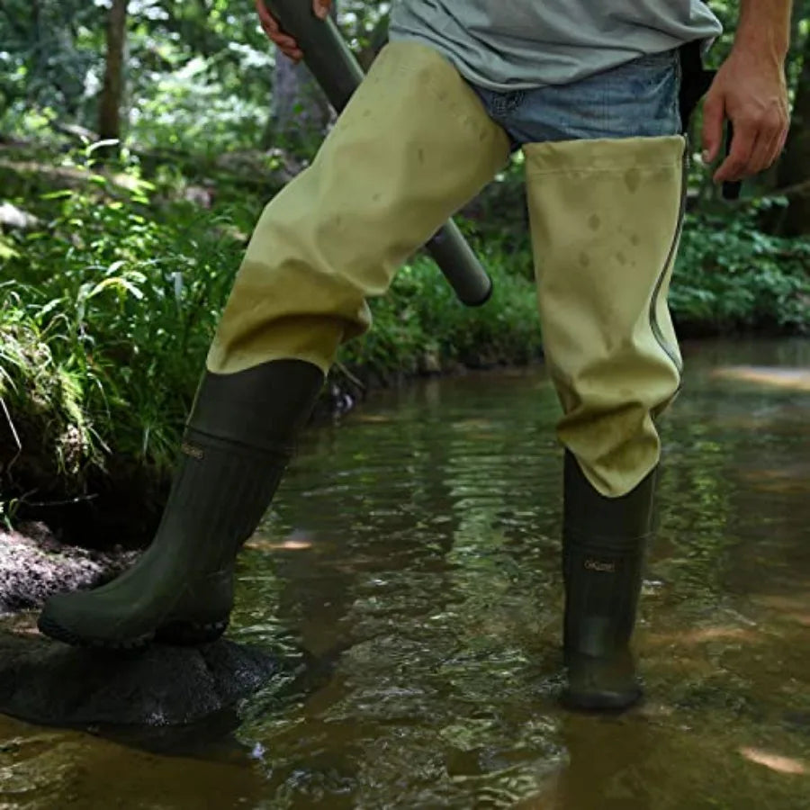 Fishing bootfoot hip wader for outdoor use, waterproof PVC canvas material, black color, 3-ply durable construction with felt s