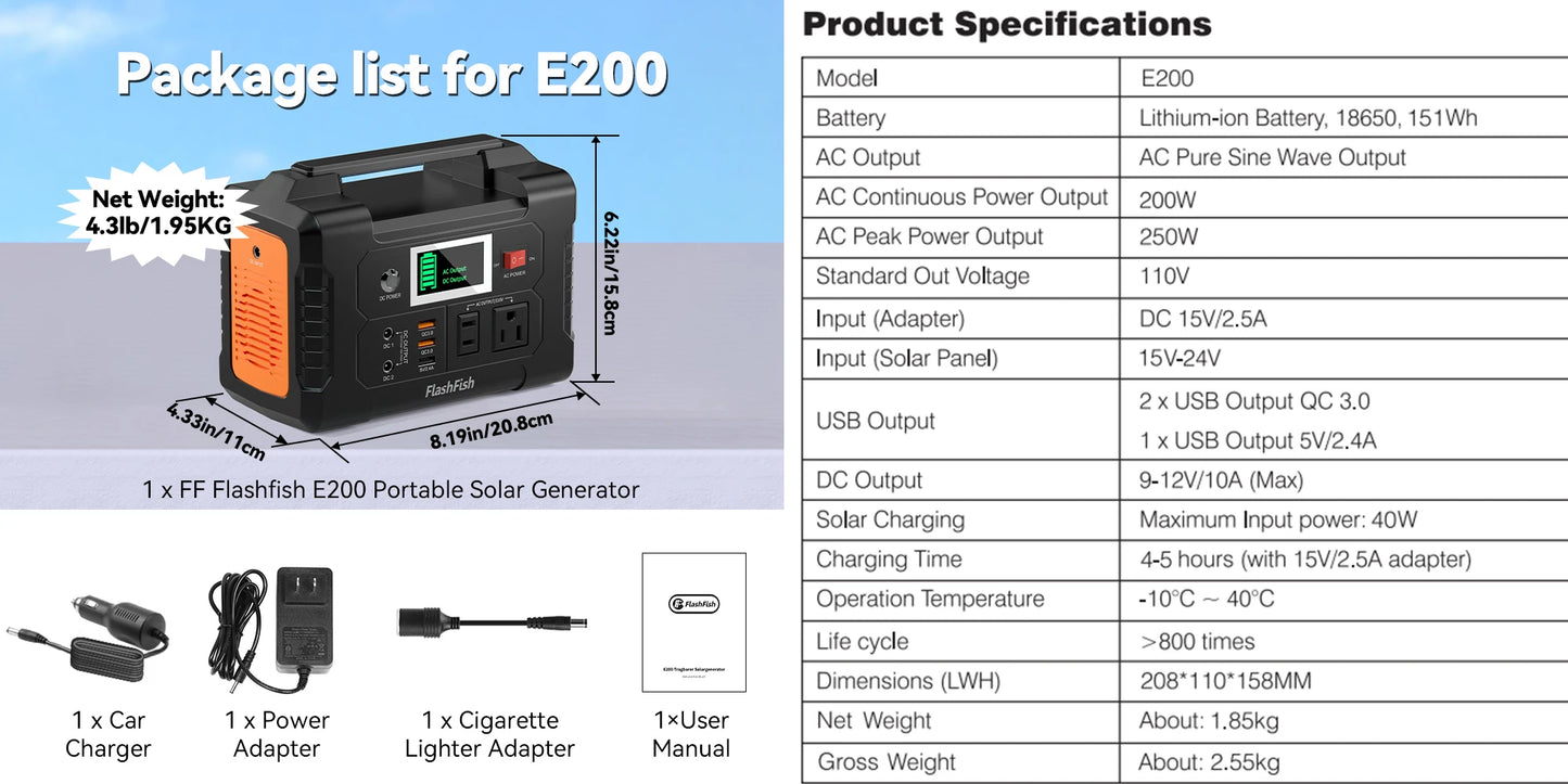 FF Flashfish E200 Portable Power Station 200W Solar Generator 151WH Battery AC DC Outdoor Camera Drone Power Supply Solar Charge