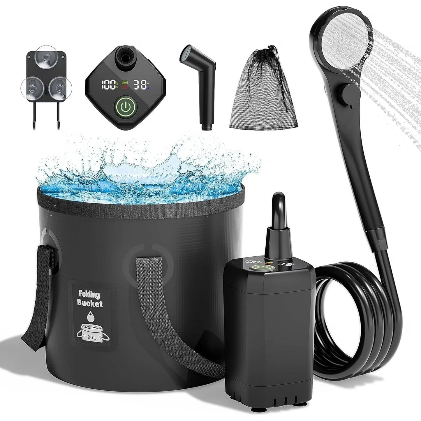 Upgrade 6000mAh Rechargeable Portable Camping Shower, 5 Gallon Collapsible Bucket, LED Display, Multiple Spray Modes, Hiking