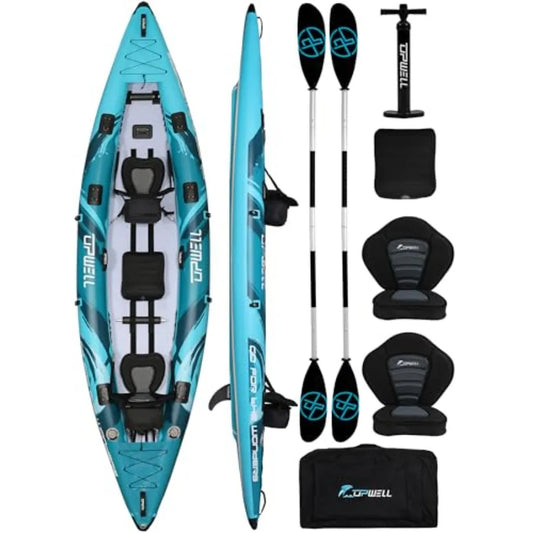 11'14'6 Inflatable Kayak with Drop Stitch Floor in Blue and Gray Includes Kayak Seat with Thickened Cushion Paddle Fin Repair K