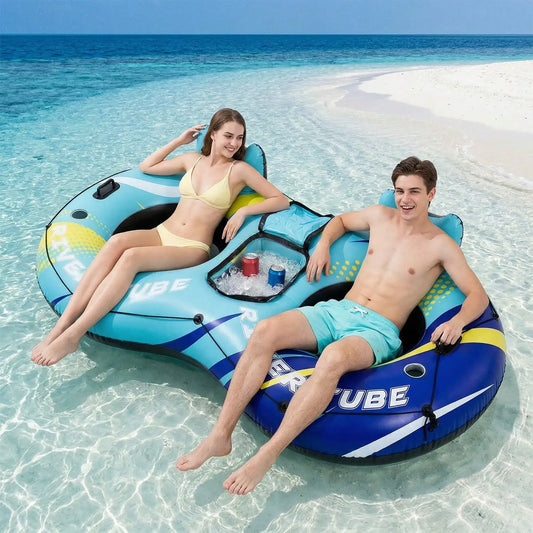 2-Person Inflatable River Tube Float With Built-In Storage Bag For Ice, Double Pool Lounge Chair With Backrest & Cup Holders, Breathable Water Floating Raft For Pool Lake Beach Summer Water Party, 2 Pattern Options., Pool Inf