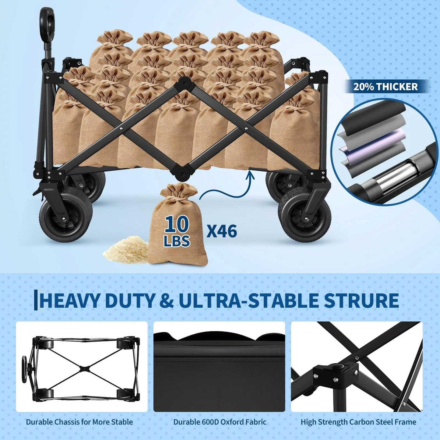 Heavy Duty Foldable Wagon Cart 460lbs 280L With Wide All-Terrain Wheels, Brakes, Cover & Strap For Shopping Camping
