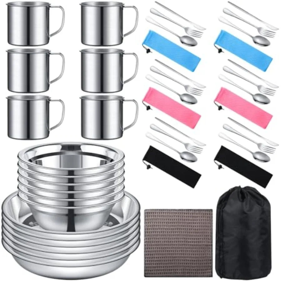 Outdoor Camping Cookware Mess Kit Polished Stainless Steel Dishes Camping Utensils Portable Tableware with Plates Cups Spoons F