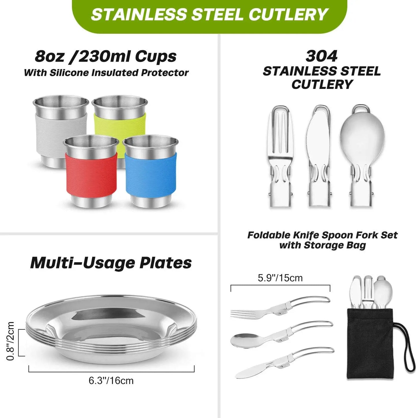 29pcs Camping Cookware Mess Kit, Non-Stick Lightweight Pots Pan Kettle, Collapsible Water Container and Bucket, Stainless Steel