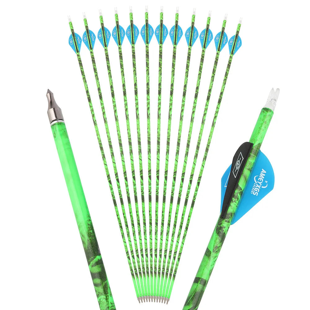 Carbon Arrows 30 Inch Spine 500 ID6.2mm with 2 Inch Rubber Feathers Removable Tips for Compound Recurve Bow Hunting Shooting