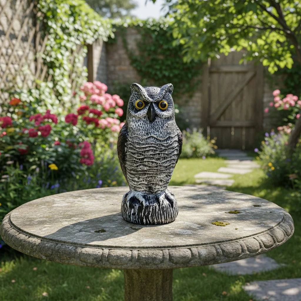 15.7" Garden Owl Statue Owl Decoys for Outdoor Garden Yard Plastic Owl Figurine Eyes to Scare Birds Away for Patio Lawn Ornament