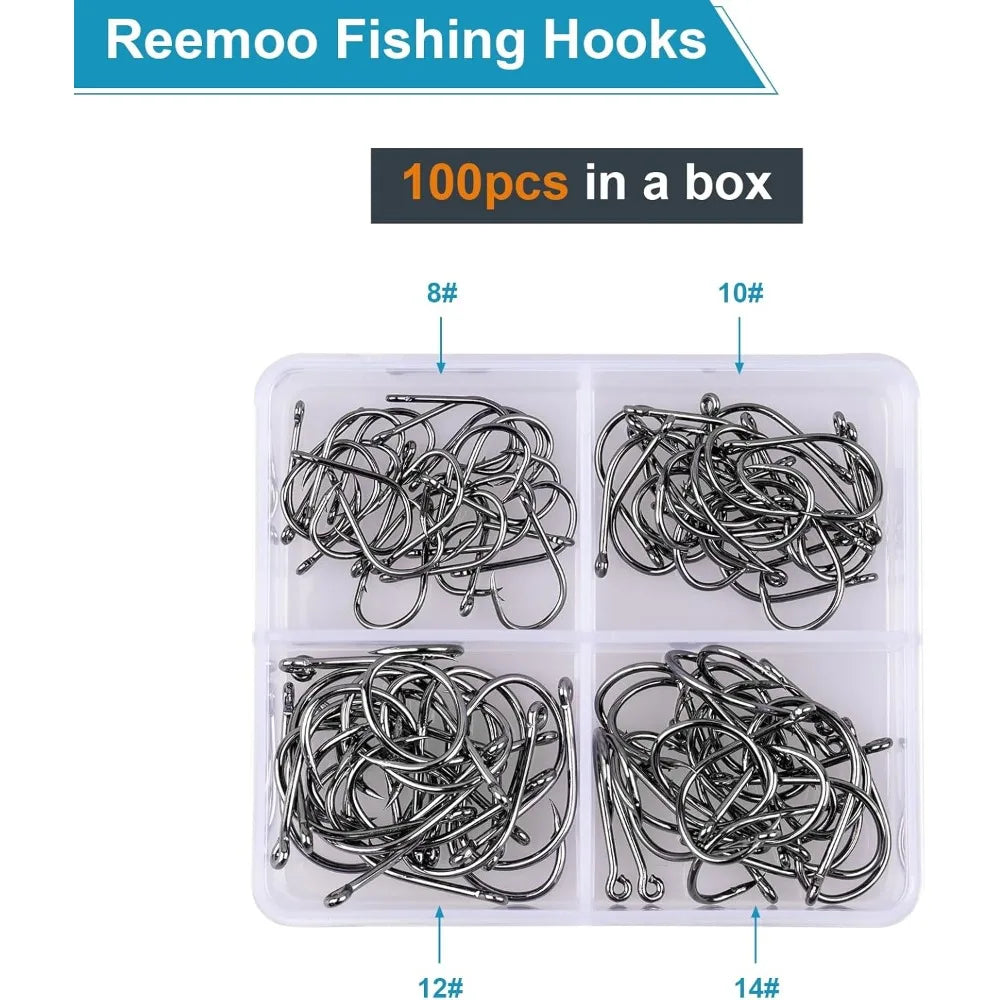 Premium Fishing Hooks Assortment 500PCS and 100PCS Options Available in 10 Different Sizes or 4 Essential Sizes Made of High Carbon Steel for Maximum Strength and Sharpness Barbed Design Ensures Secure Catch Suitable for