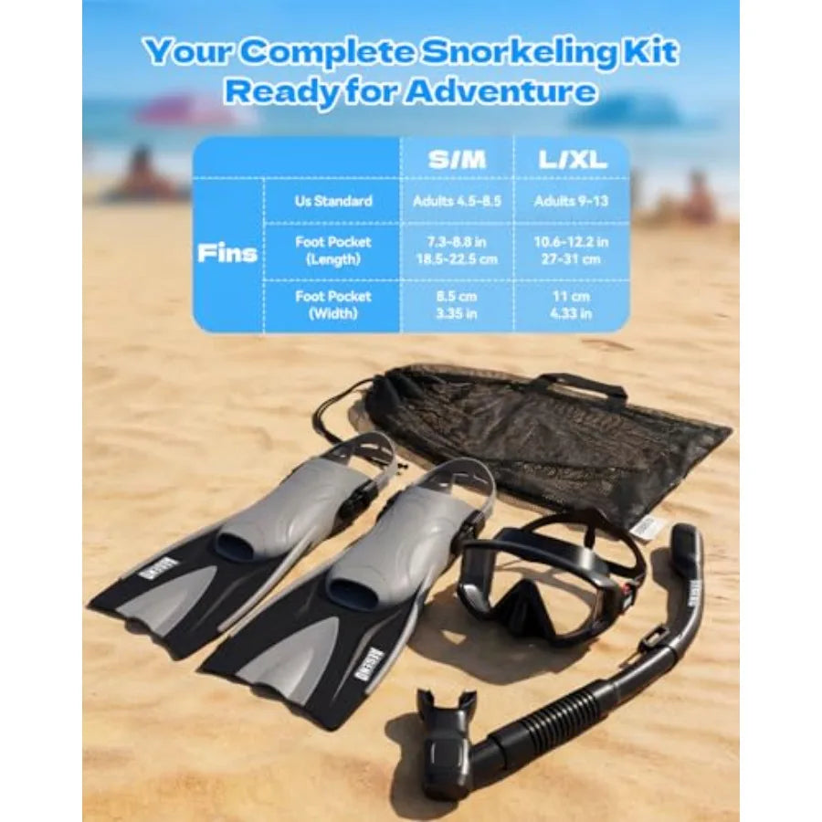 Snorkeling Gear for Adults Men Women: Anti-Fog Panoramic Mask Set, Adjustable Fins and Dry Top Snorkel All-in-One Travel Snorke