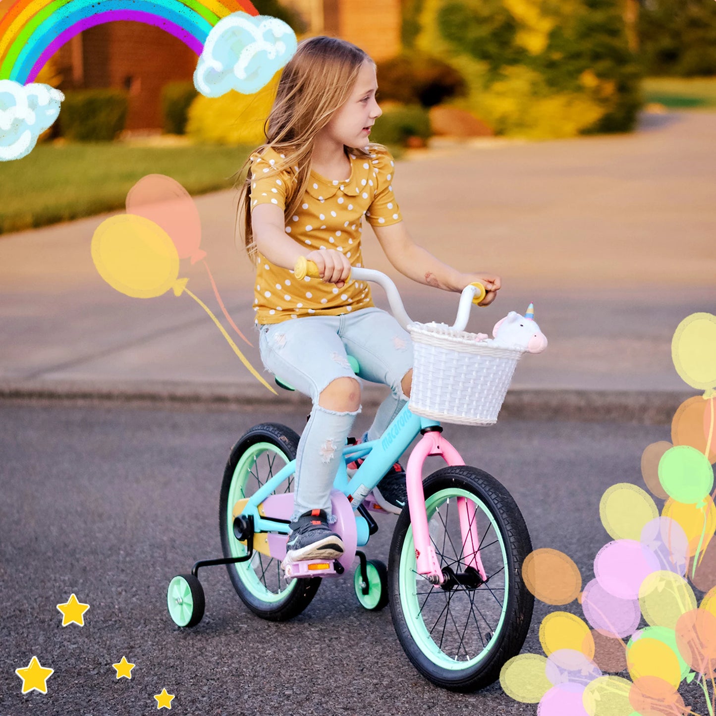JOYSTAR Macaroon Kids Bike 12-18 Inch Training Wheels Basket Rainbow Colors for Girls 2-9 Years Toddler Bicycle Children's Cycling
