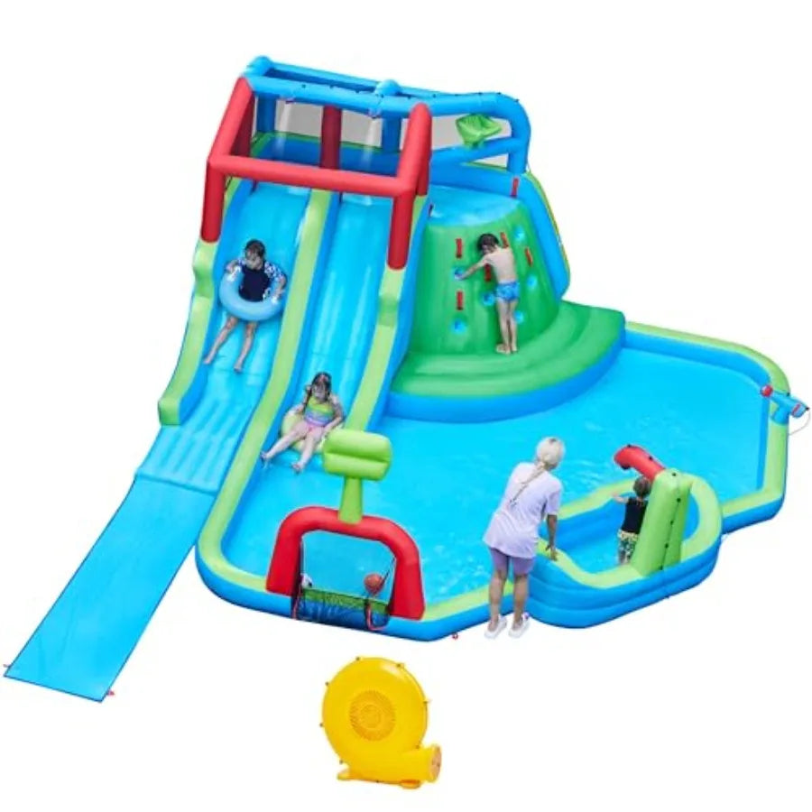 Inflatable Water Slide for backyard use, PVC material, blue and yellow color, 9-in-1 extra long combo with climbing wall, dual