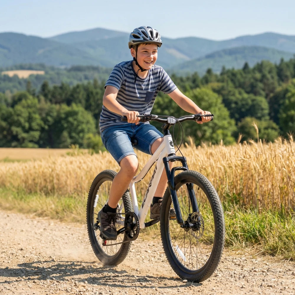 24 Inch Youth Mountain Bike with 7 Speeds & Front Suspension Durable Steel Frame, Alloy Rims & Disc Brakes For Boys and Girls in Multiple Colors