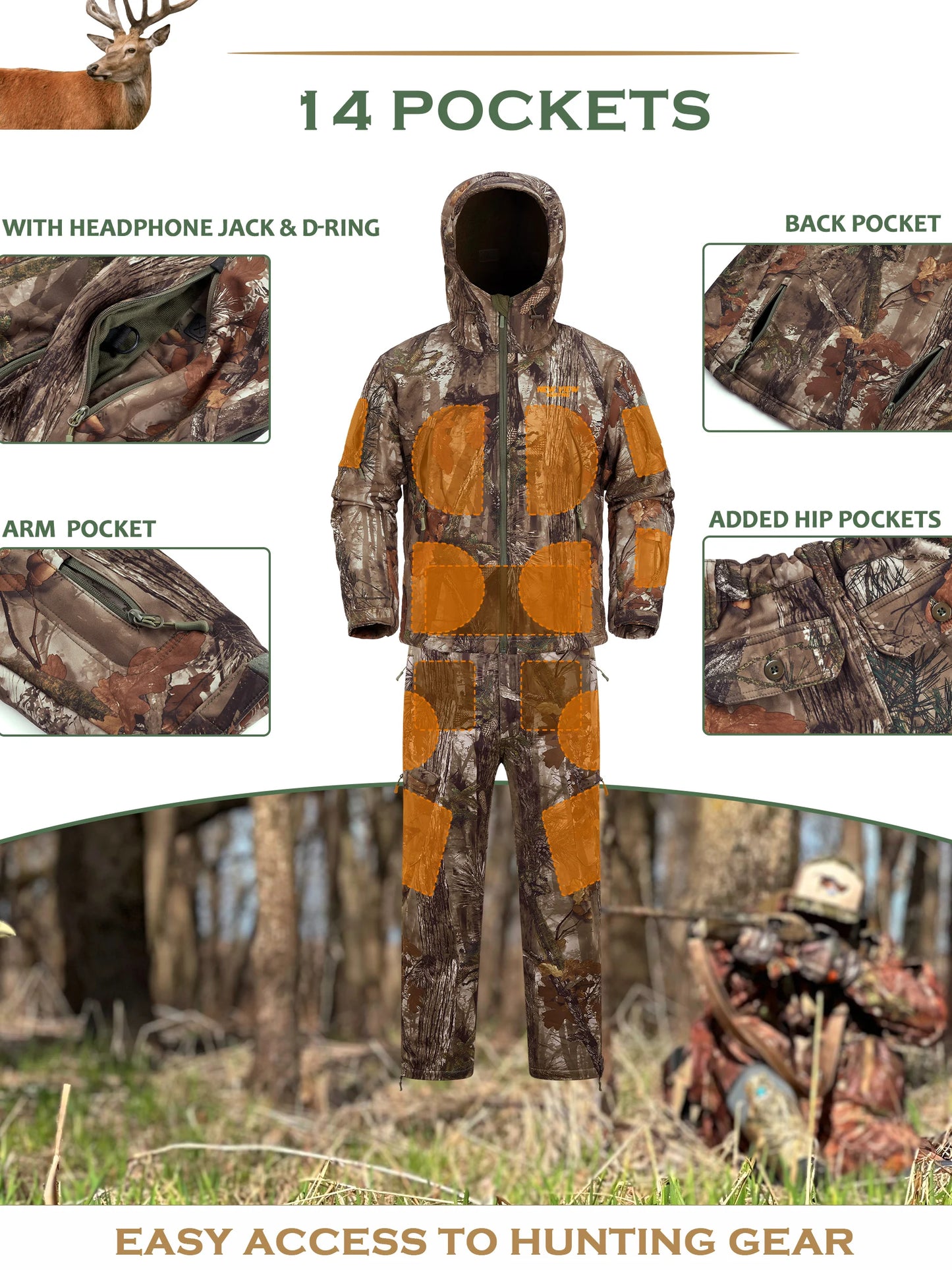 Camo Hunting Suit for Men - Water-Resistant Jacket and Pants with Warm Fleece Lining, Ideal for Cold Weather Hunting