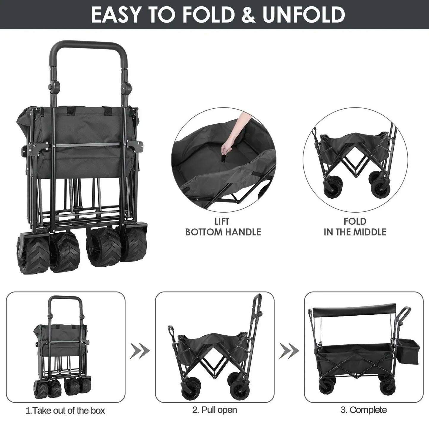 Foldable Caravan Folding Wagon Cart Garden Trolley with Detachable Canopy Portable Camping Beach Utility