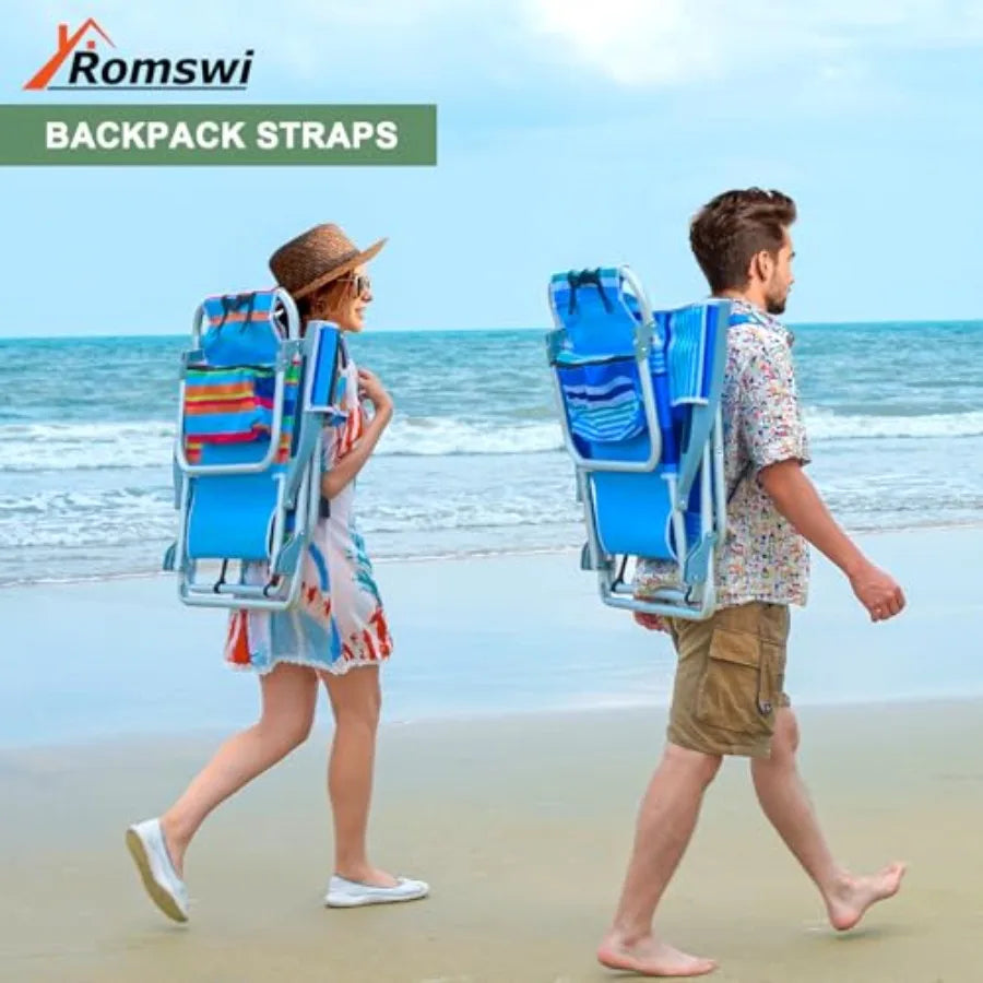 2Pk Aluminum Extra Wide 5-Position Lay Flat Folding Backpack Beach Chairs for Adults, with Cooler Bag, CupPhone Holder, Towel B