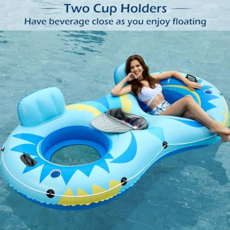 Inflatable River Tube Float 2 Person Heavy Duty with Removable Cooler and 2 Cup Holders for Adults Blue Lake Water Raft Lounge