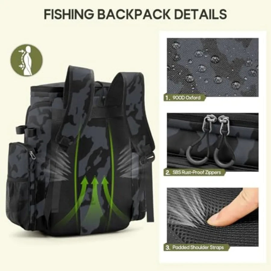 Fishing Backpack, 45L Large Fishing Bag with 4 Rod Holders and Insulated Cooler Professional Fishing Tackle Backpack with Rain