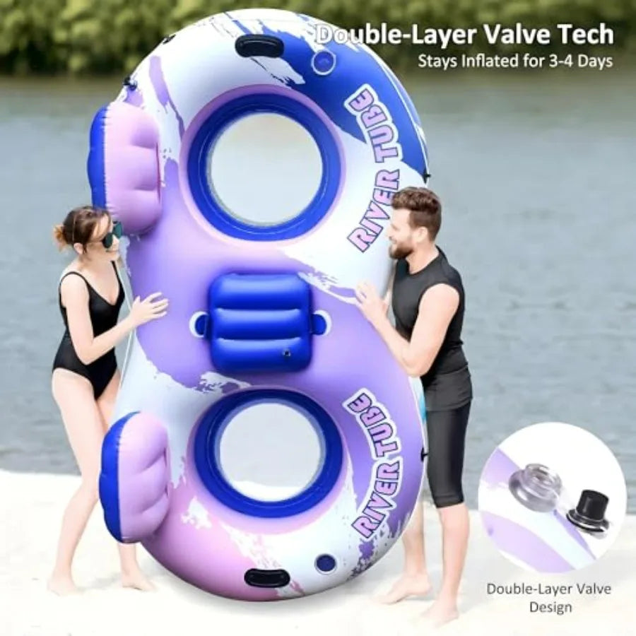Heavy Duty Double River Tube for lakes beaches rivers pool use, PVC material, blue color, oversized 2-person inflatable float w