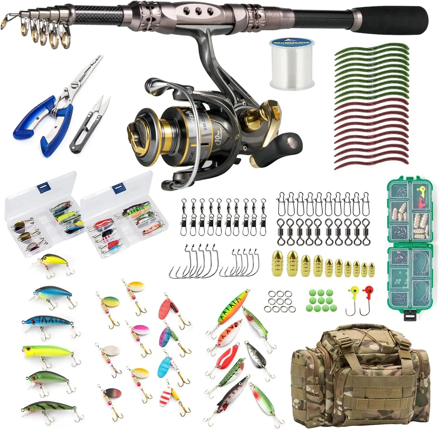 125-Piece Telescopic Fishing Rod and Reel Combo Set with Tackle Bag for Adults, Portable Travel Complete Fishing Kit for Freshwater and Saltwater