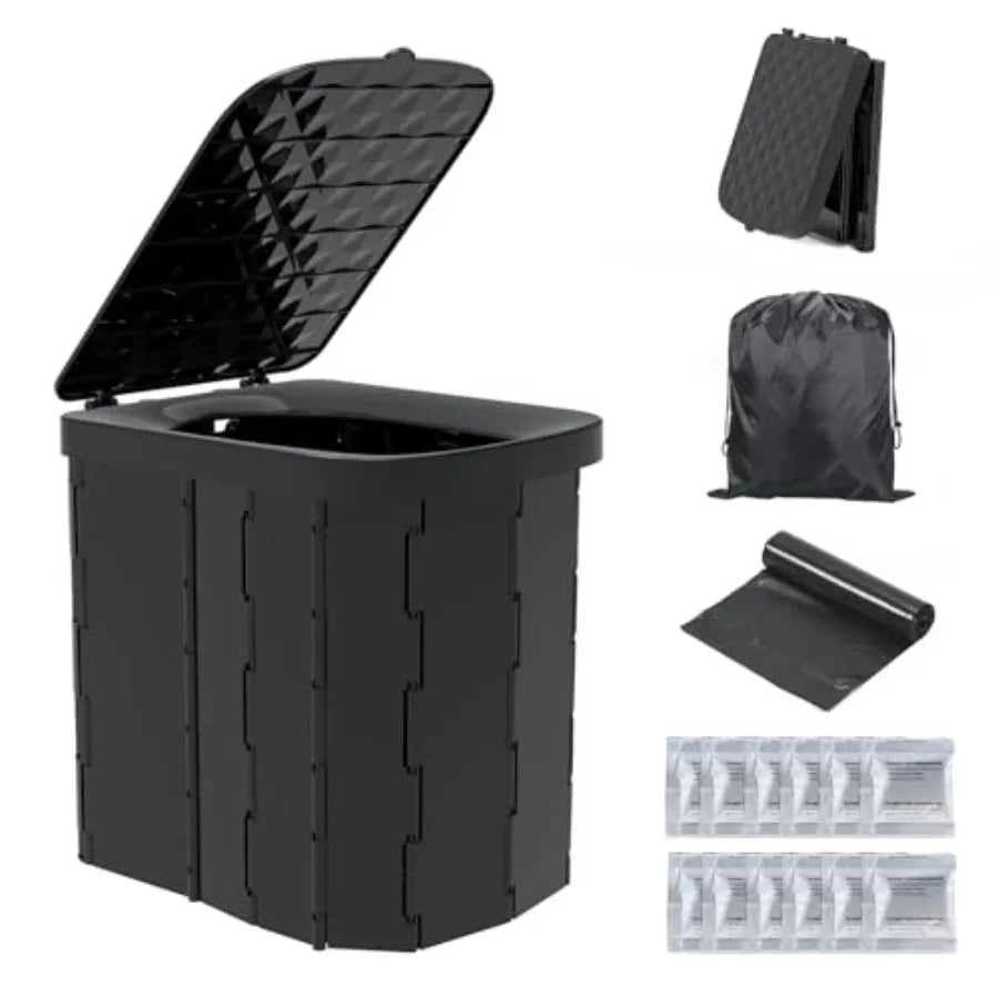 XL Portable Folding Camping Toilet - Travel Potty for Adults, 12 Toilet Bags, 12 Pack Liquid Waste Gel