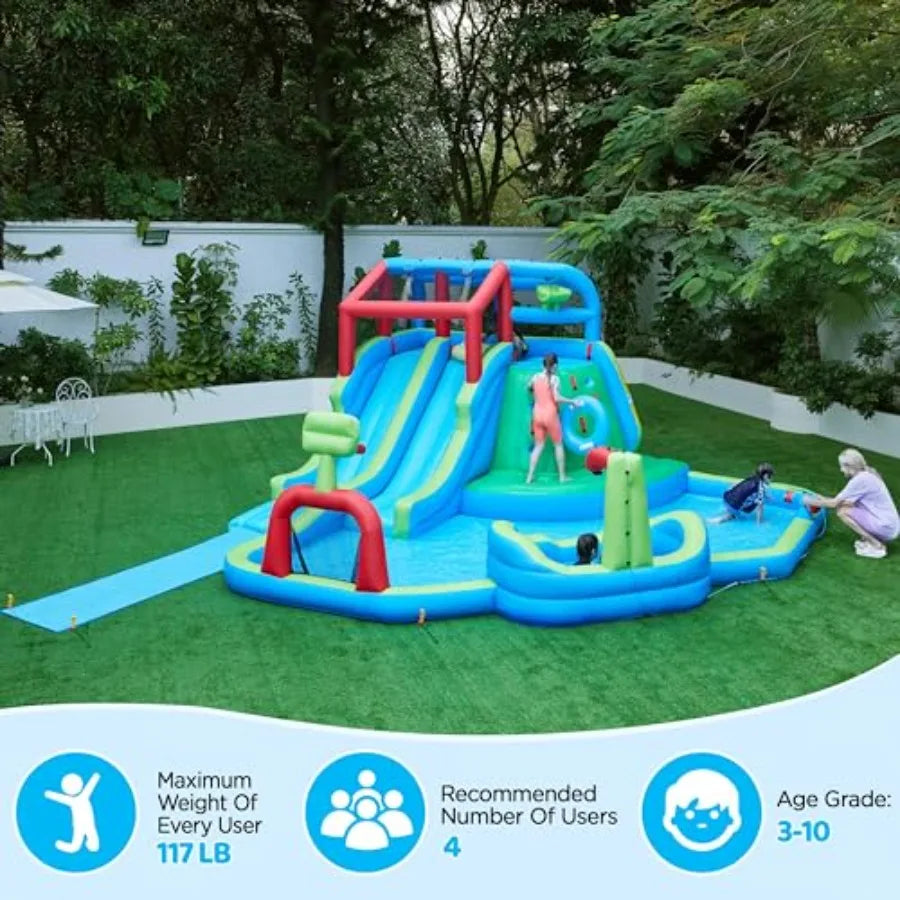 Inflatable Water Slide for backyard use, PVC material, blue and yellow color, 9-in-1 extra long combo with climbing wall, dual