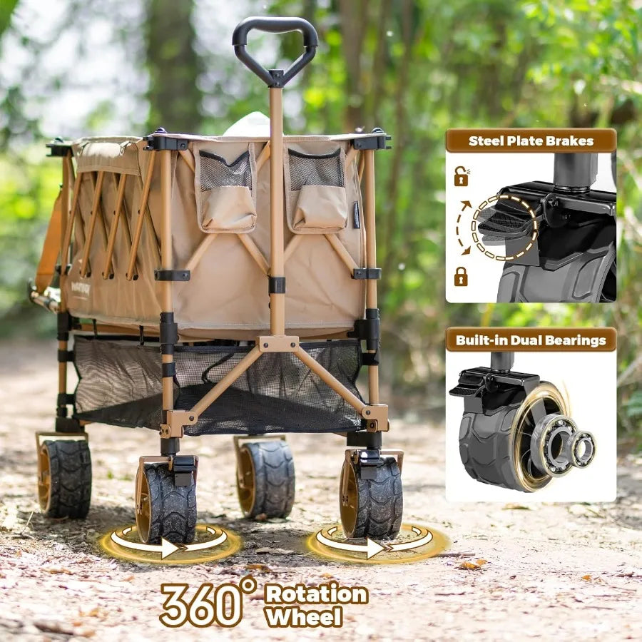 Double Decker Wagon Heavy Duty Foldable Large Beach Wagon Cart with AllTerrain Big Wheels for Sports Camping Outdoor Khaki
