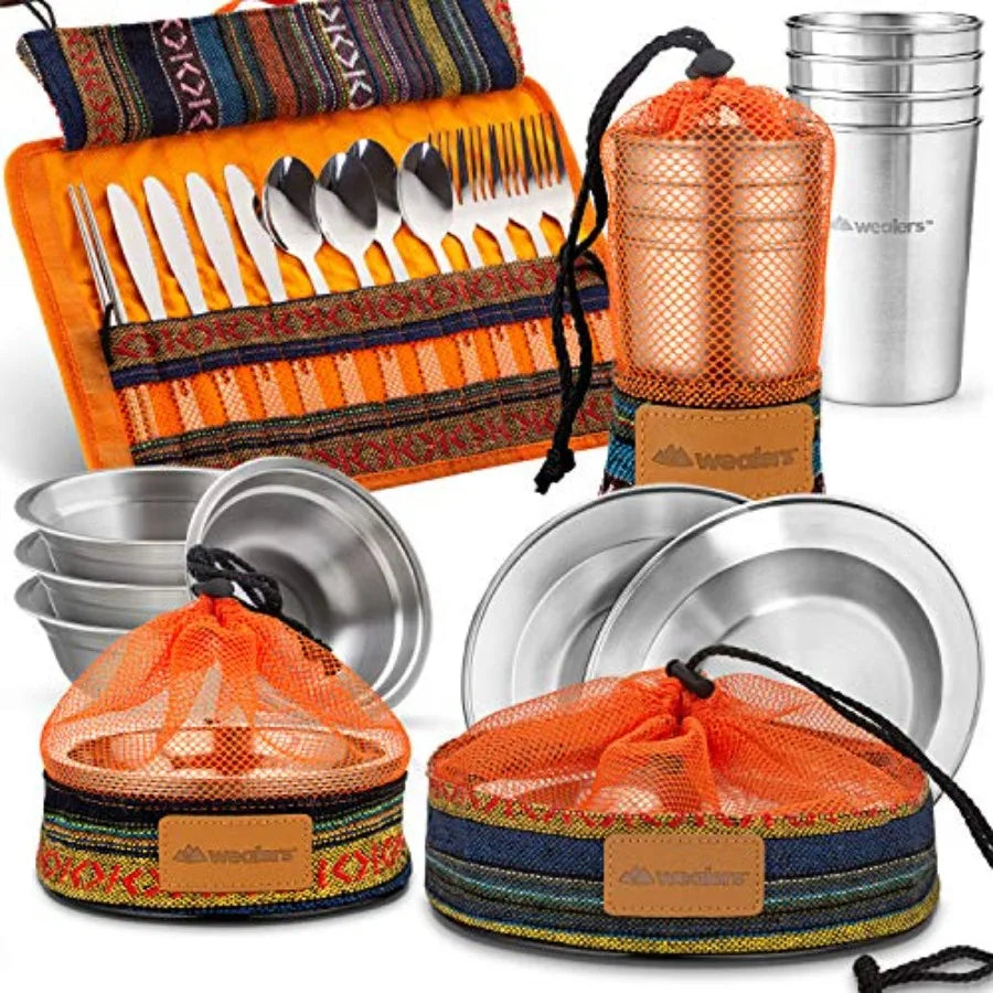 Unique Complete Messware Kit Polished Stainless Steel Dishes Set Tableware Dinnerware Camping Buffet Includes - Cups Plates Bow