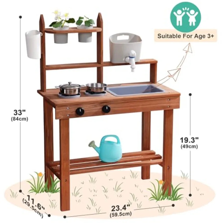 Mud Kitchen for Outdoor Wooden Outdoor Play Kitchen with Sink Faucet Stove and Cooking Accessories Fun Backyard Kitchen Playset