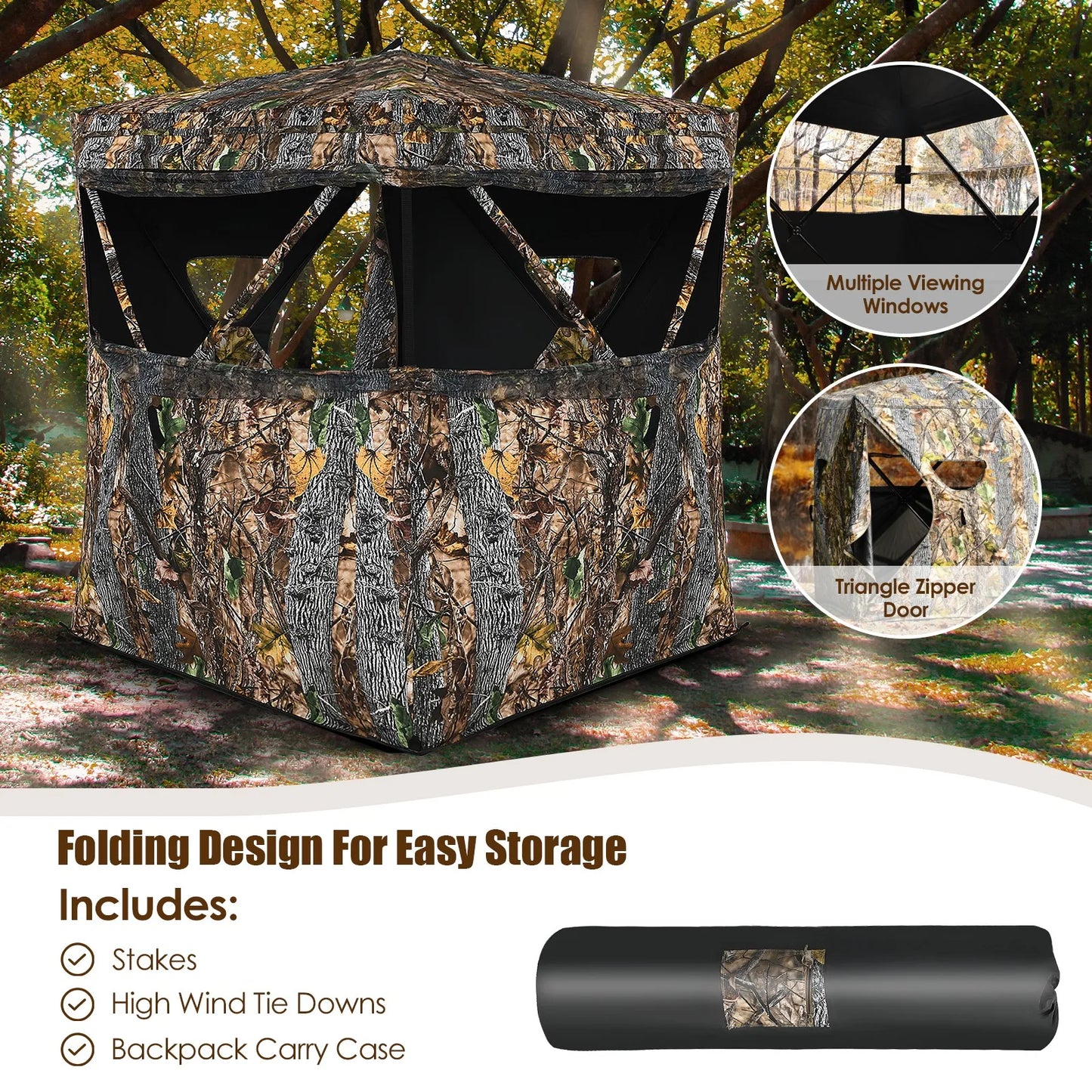 Portable 3 Person Hunting Blind Surround View Pop-Up Tent w/ Slide Mesh Window