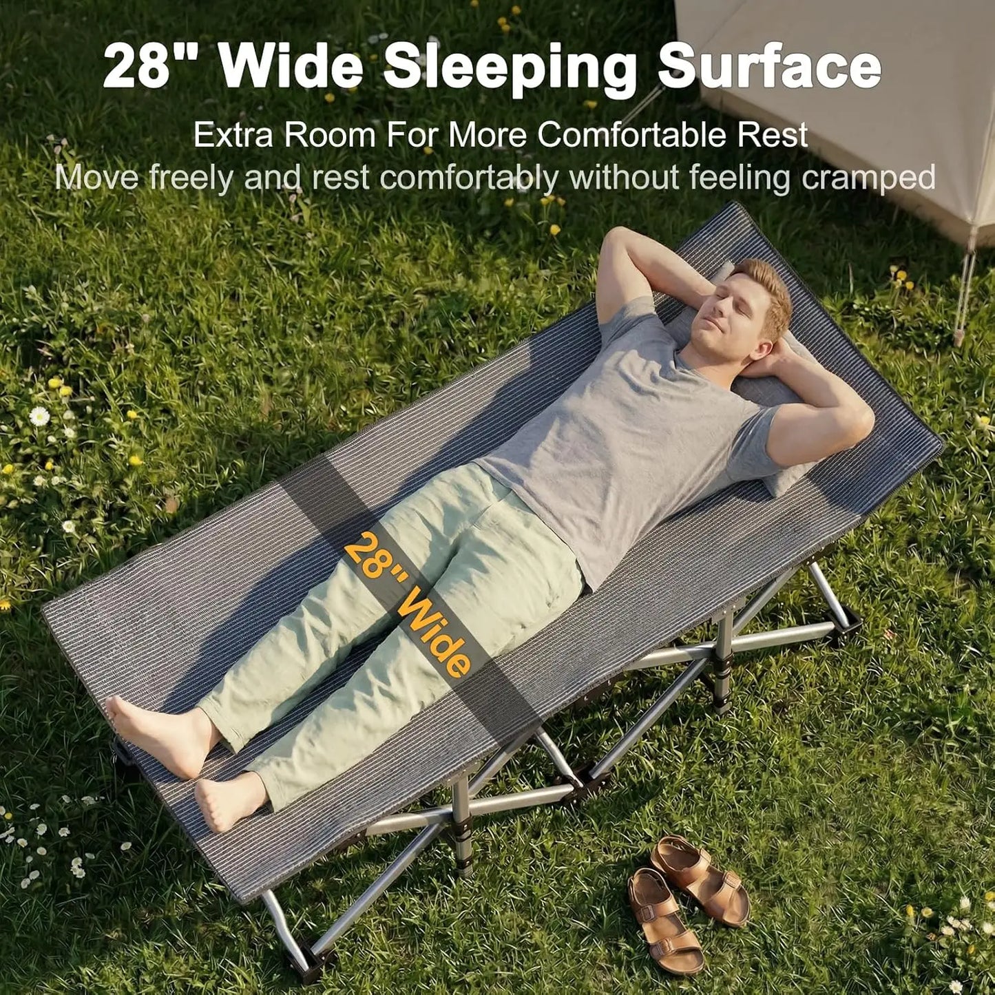 Extra Wide 28" Camping Cot for Adults, Heavy-Duty 1200D Oxford Fabric, Portable Folding Bed with Mat & Carry Bag