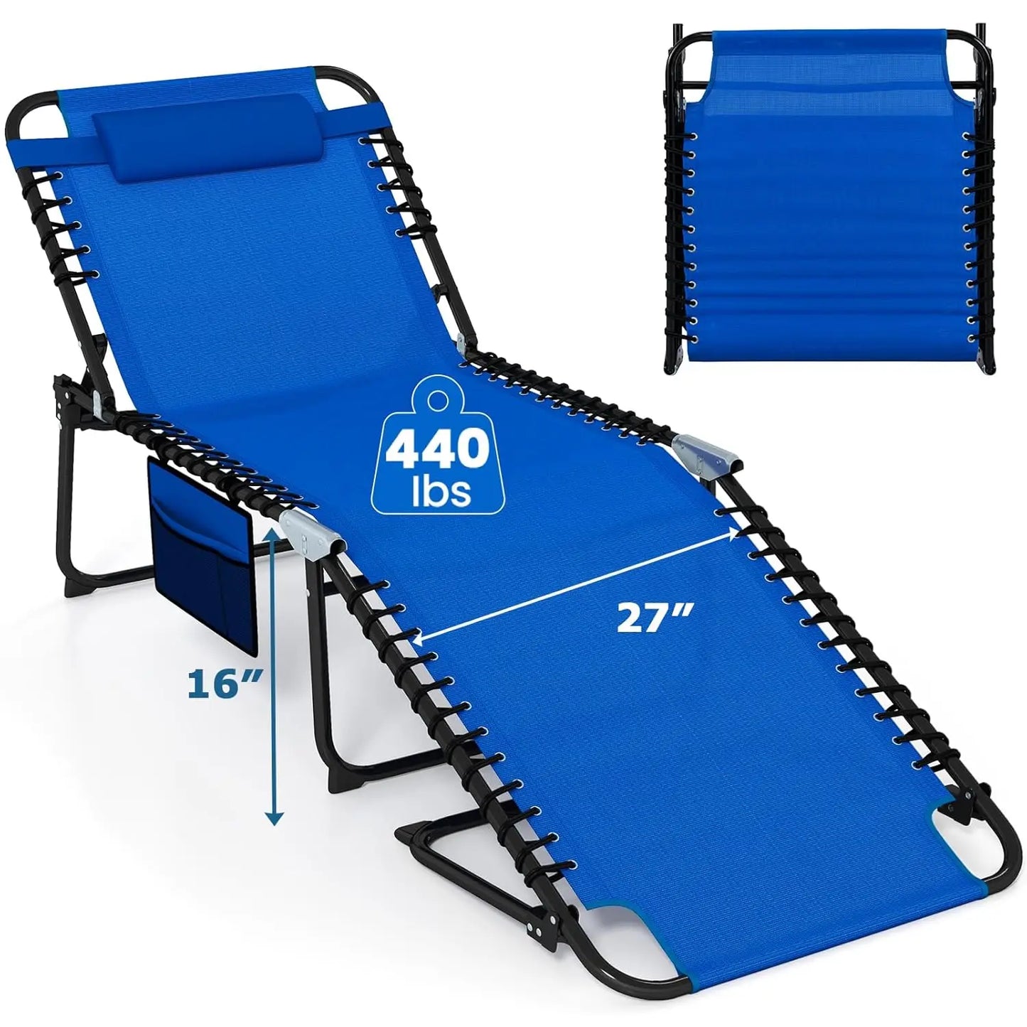Extra Wide 5-Position Adjustable Tanning Chaise with Pillow Side Pocket 27in Patio Pool Outdoor Custom