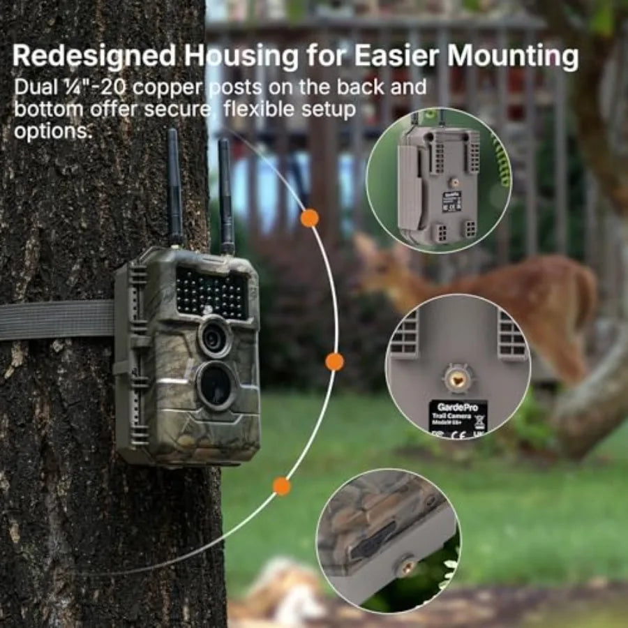 Wildlife monitoring trail camera, E6+ WiFi model, black, 64MP resolution with dual antennas and 165 ft WiFi range, no-glow nigh