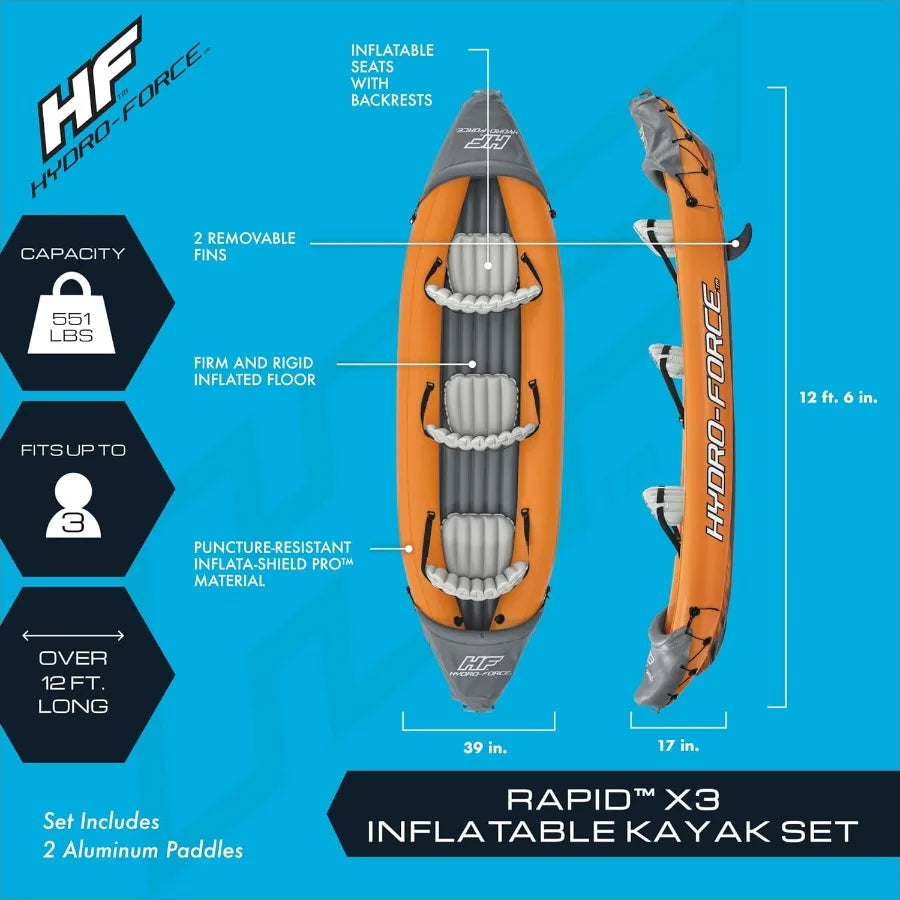 Hydro-Force 9'2" x 34" Ventura Elite X1 Inflatable Kayak Set Fits 1 Adult Includes Boat Aluminum Paddle Hand Pump Fins Seat Gea