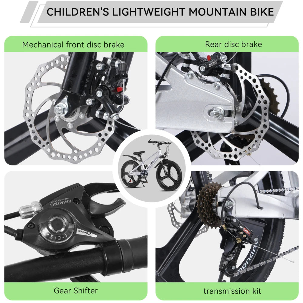 Ye FKZNPJ 20 Inch 7-Speed Kids Mountain Bike with Magnesium Alloy Frame & One-Piece Wheels, Lightweight Bicycle for 8 - 12 Year Old Boys and Girls