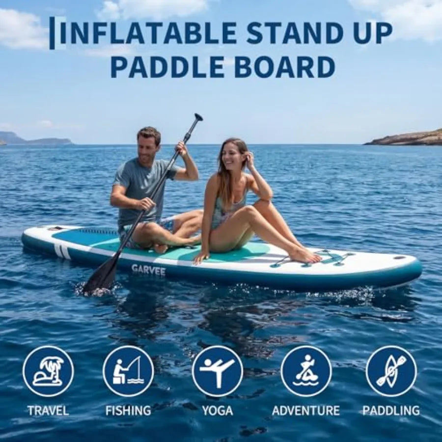 Inflatable Stand Up Paddle Board for outdoor water sports, durable PVC material, blue color, ultra-stable wide design with non-