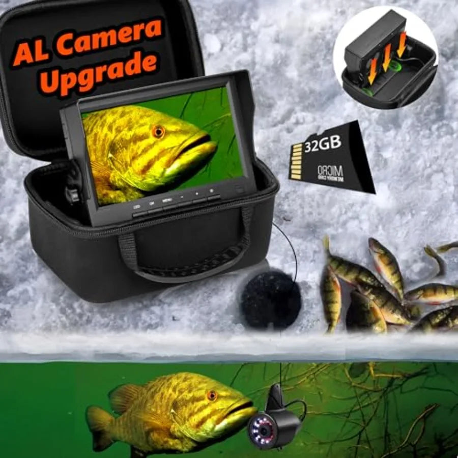 Underwater Fishing Camera for Ice Fishing: 7'' Display, 1200TVL, Black Housing with IR/LED Lights, Portable Fish Finder with Br