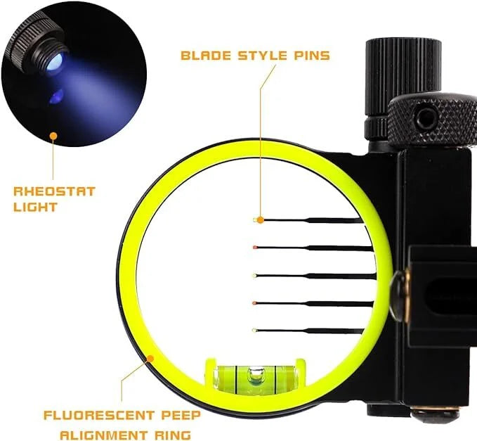 Compound Bow Sight 5Pin 0.019" Fiber Optic Adjustable Alloy Right Hand for Hunting Target Shooting Outdoor Accessories