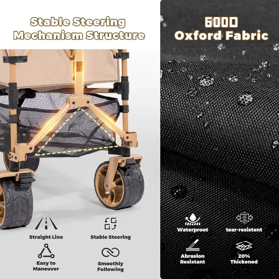 Double Decker Wagon Heavy Duty Foldable Large Beach Wagon Cart with AllTerrain Big Wheels for Sports Camping Outdoor Khaki