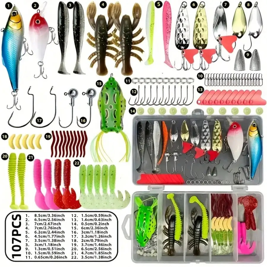 This 107-Piece Lure Set Is A Freshwater Lure And Tackle Kit Suitable For Fishing Bass, Trout, Salmon, And Other Freshwater Fish. It Includes Spinners, Soft Plastic Worms, And More, Making It A Practical Gift For Men.