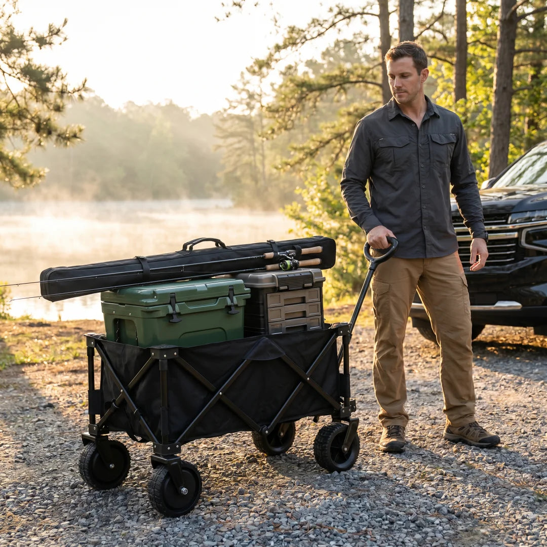 Electric Remote Control Camping Cart Foldable Off Road Utility Wagon Heavy Duty All Terrain Smart App Driven Waterproof Outdoor Trolley for Travel Fishing Beach Garden Shopping Portable Compact Storage