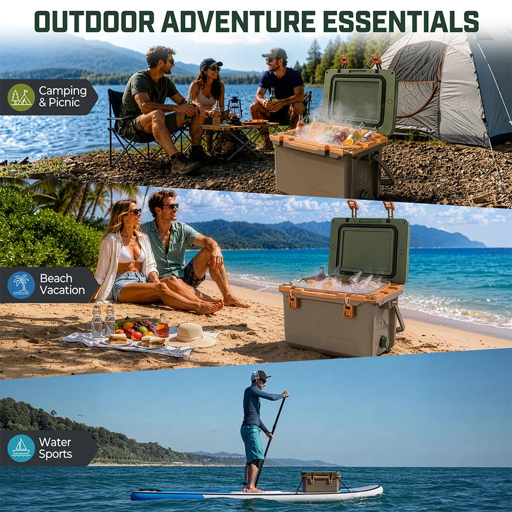 ChillyCode Khaki Grey Ultra Light Hard Cooler, 22QT Refrigerator 7-Day Cooling Leak Proof and Heavy-duty With All Terrain Wheels Suitable For Camping Beach Fishing Boat and Outdoor