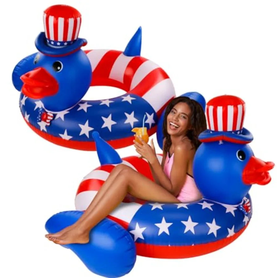 2 Pack Giant Duck Patriotic Pool Floats for 4th of July Red White Blue Inflatable Swim Tubes American Flag Design PVC Material