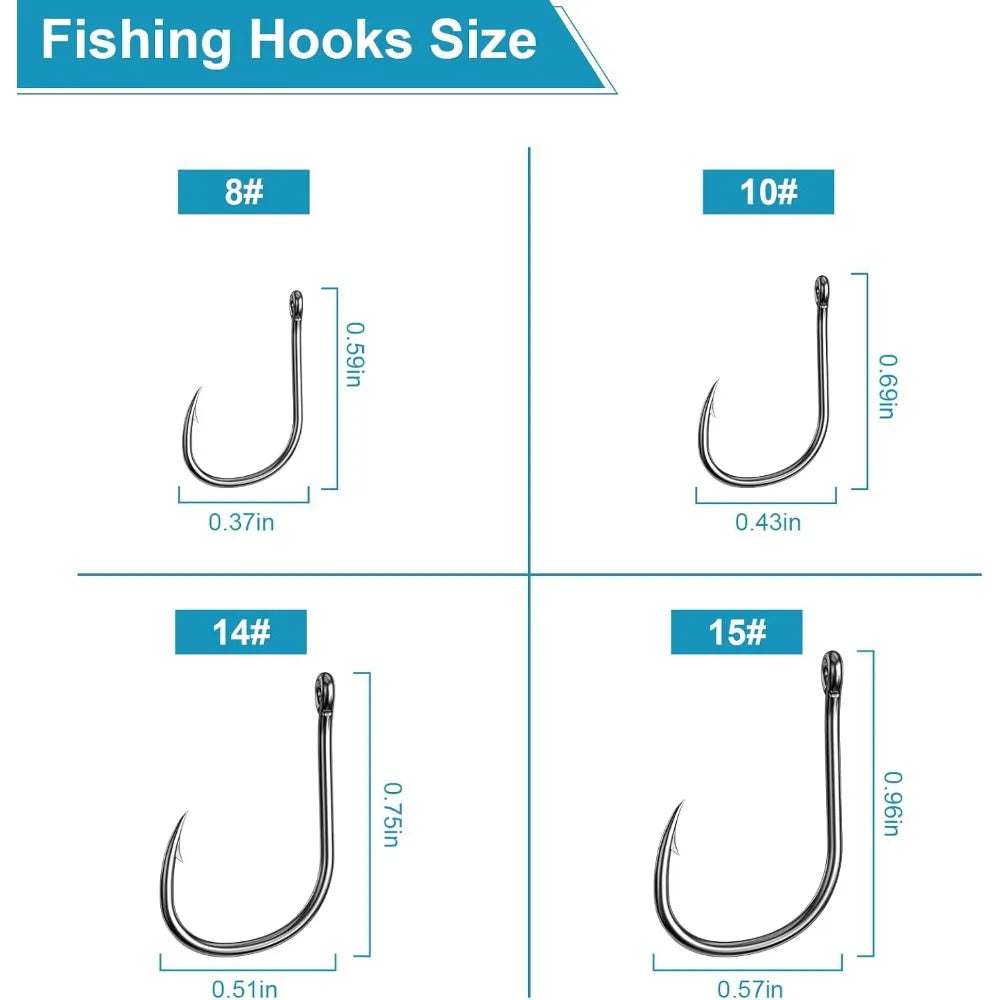 Premium Fishing Hooks Assortment 500PCS and 100PCS Options Available in 10 Different Sizes or 4 Essential Sizes Made of High Carbon Steel for Maximum Strength and Sharpness Barbed Design Ensures Secure Catch Suitable for
