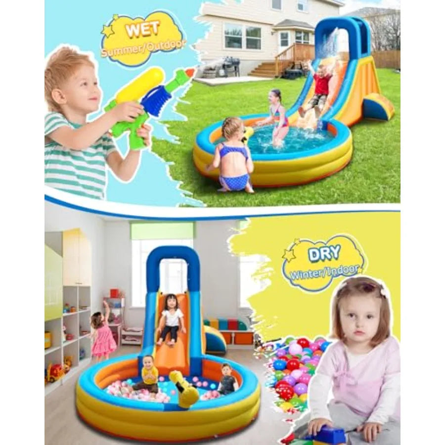 Iatable Water Slide for 5-in-1 Blow Up Bounce House with Long Slide, Climbing Wall, Splash Pool, Water Cannon, Spray Water Spou